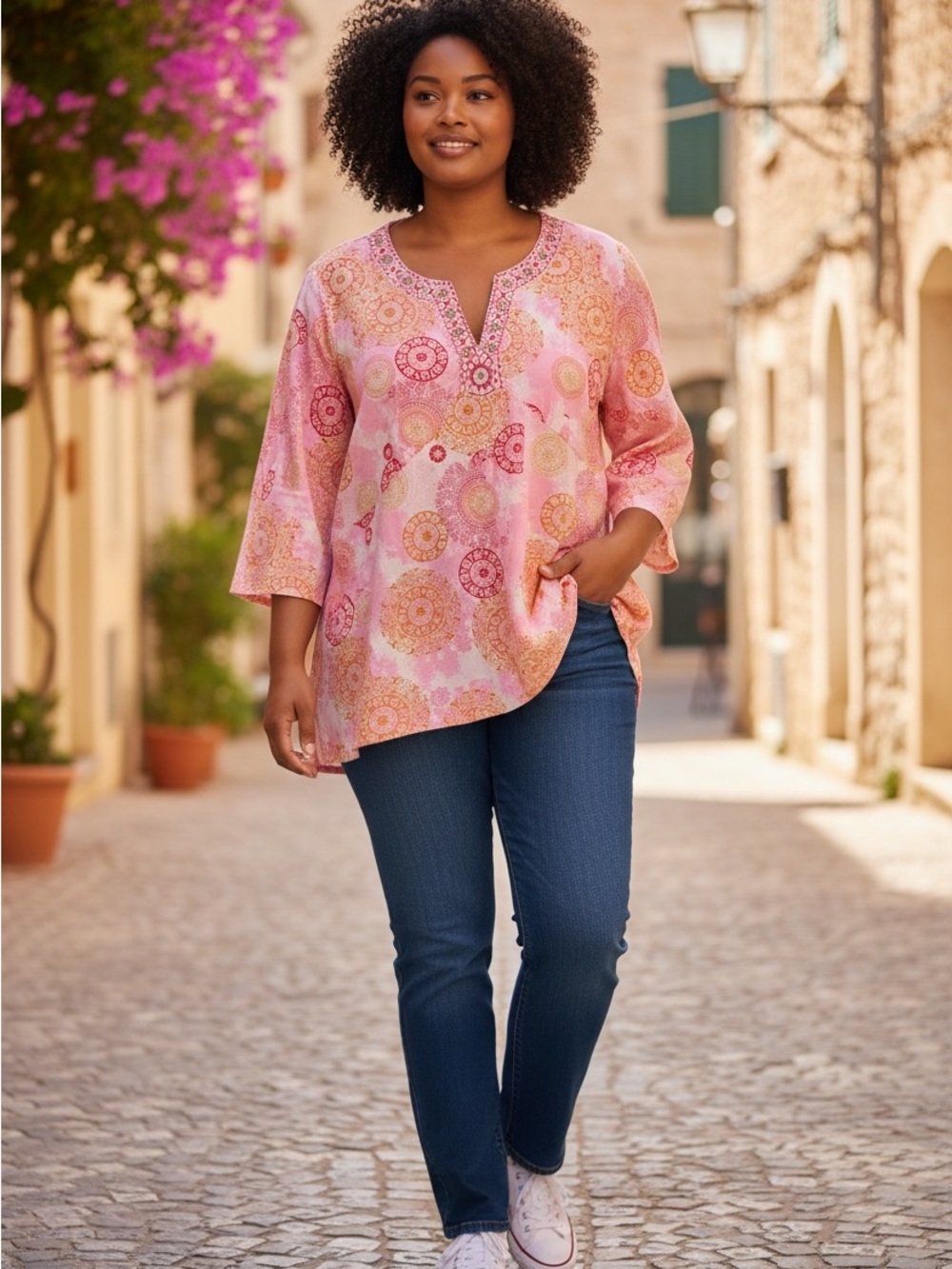 quizz Woman Pink Printed Cotton V-Neck Tunic Top sz 20